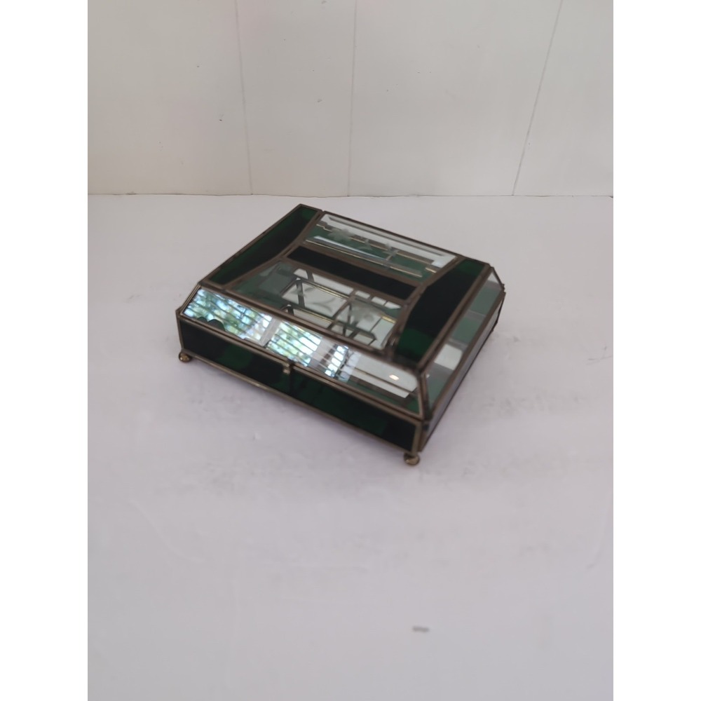 Jewelry Box Etched Floral Stained Glass Green Clear Vintage Glass Trinket FLAW - Picture 2 of 16